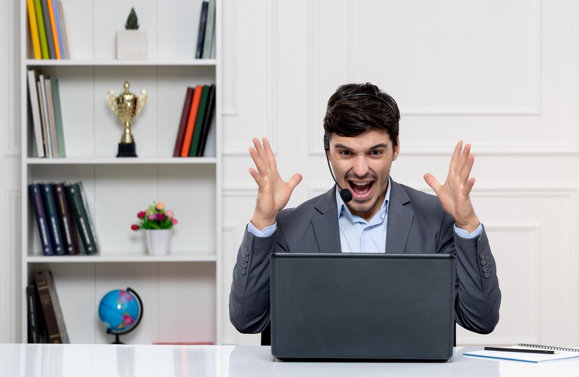 customer service cute guy grey suit with computer headset yelling waving hands 140725 164301